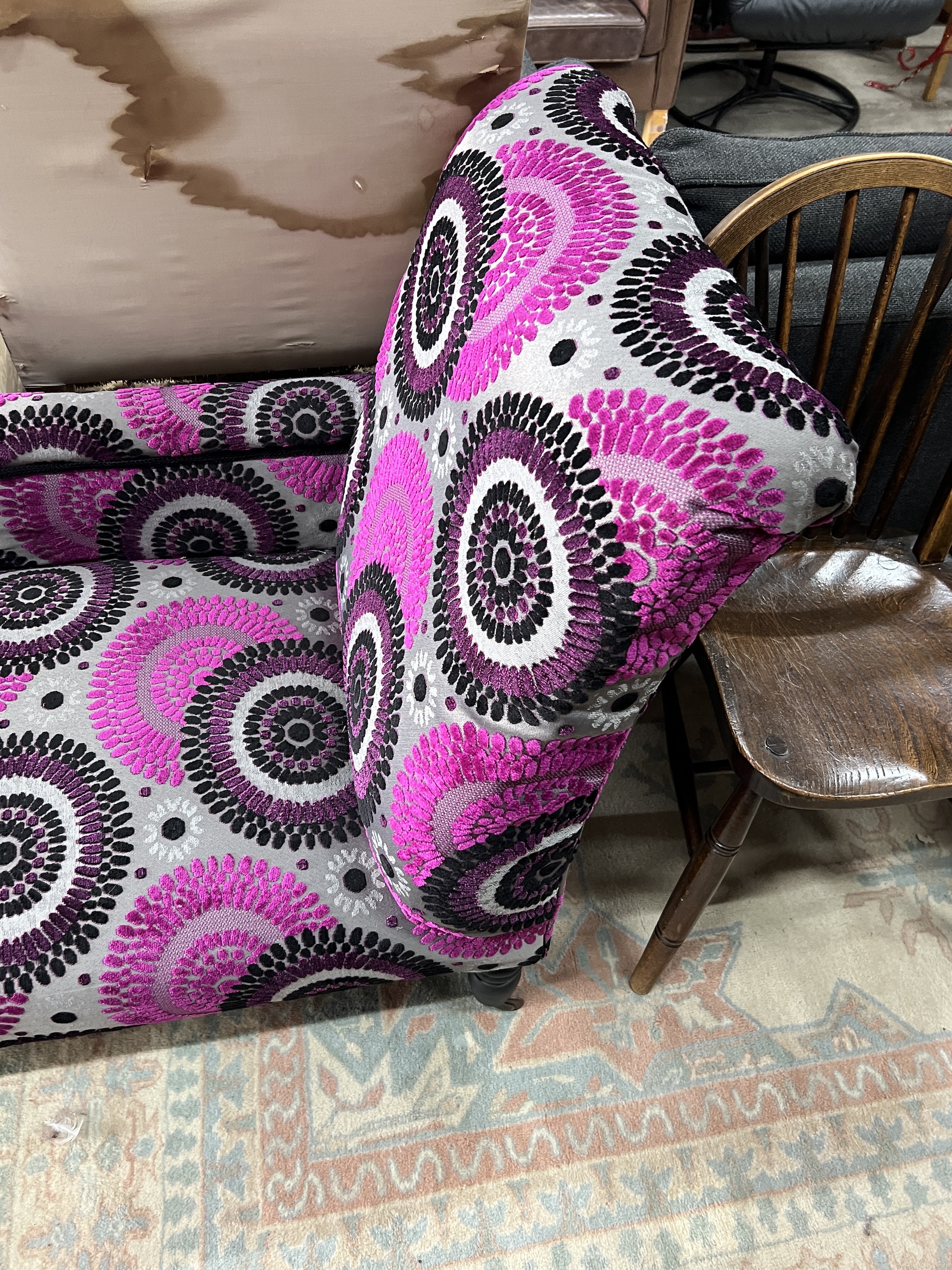 A Victorian style upholstered chaise longue, length 140cm, depth 64cm, height 88cm